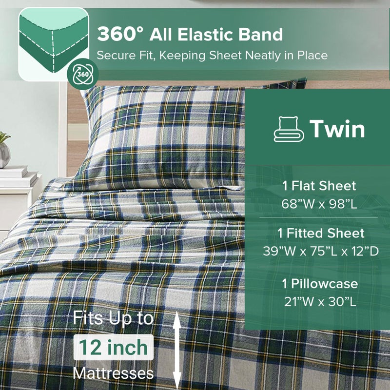 Comfort Spaces Cotton Flannel Sheets Twin Size, Ultra Soft Flannel Sheet Set with 12" Elastic Pocket , Plain Print Warm Flannel Bedding, Scottish Plaid Green 3 Piece - Image 5